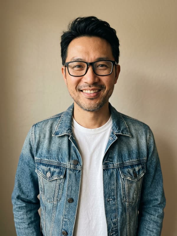 Before: fictional man with black glasses in a denim jacket